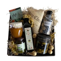 Delikatesse gavekurv  Oliven, olivenolie, pesto, karameller og Cocoture chokolader