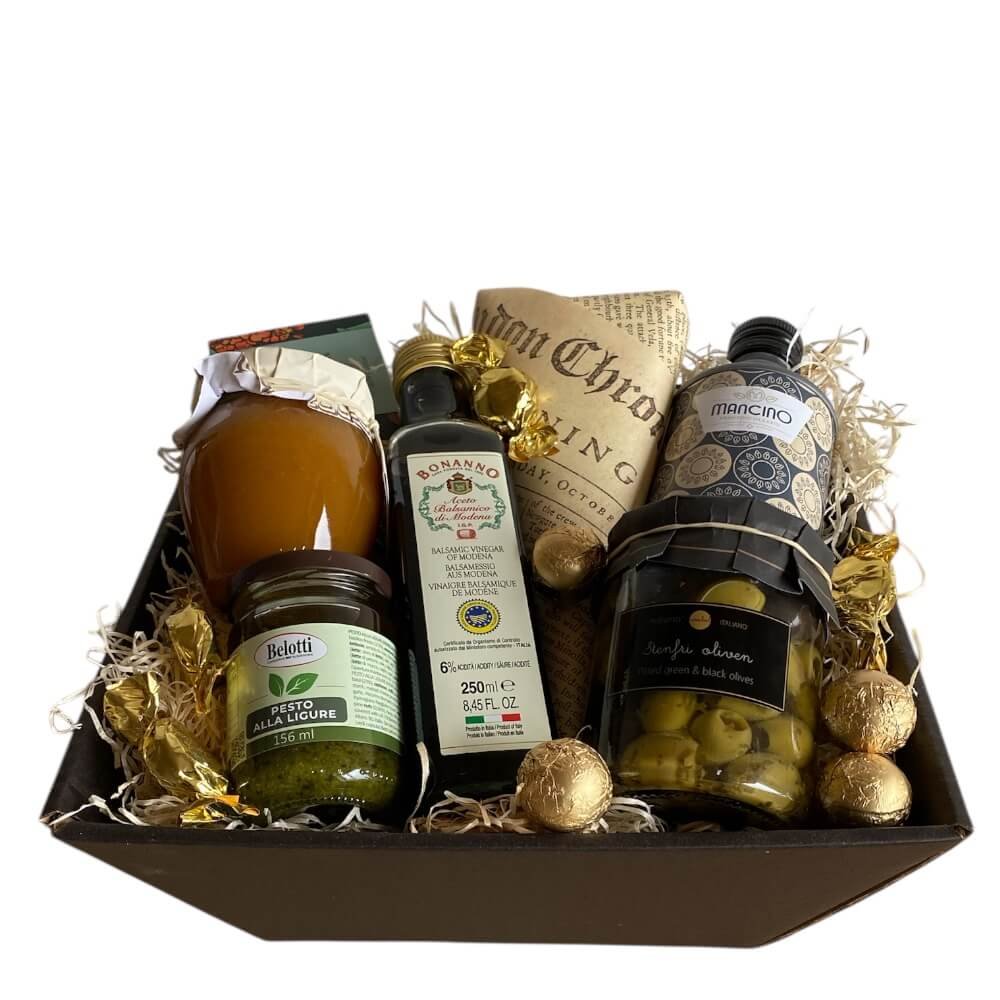 Delikatesse gavekurv  Oliven, olivenolie, pesto, karameller og Cocoture chokolader