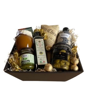 Delikatesse gavekurv  Oliven, olivenolie, pesto, karameller og Cocoture chokolader