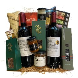 Fransk vin i gavekurv fyldt med delikatesser og lkkerier