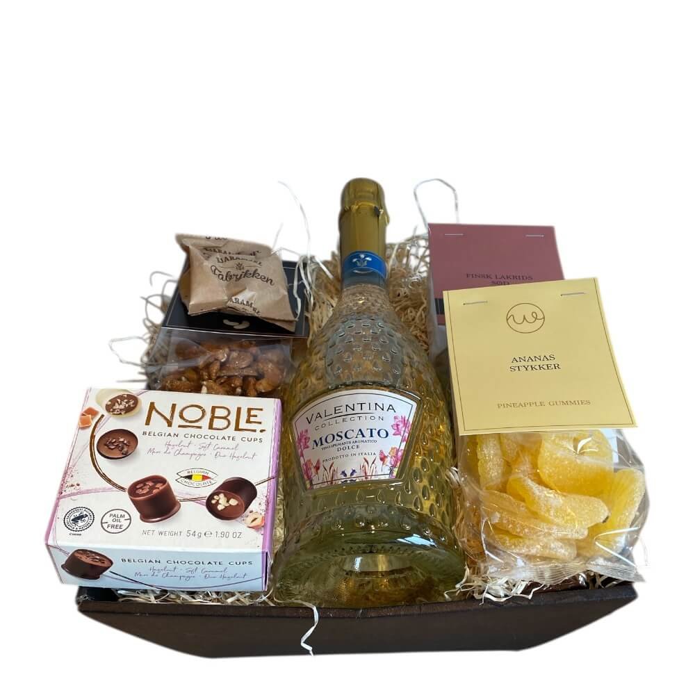 Luksus Gavekurv med Moscato, Belgisk Chokolade &amp; Delikatesser