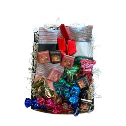 Lille gavekurv med flowpakket chokolade og lakrids