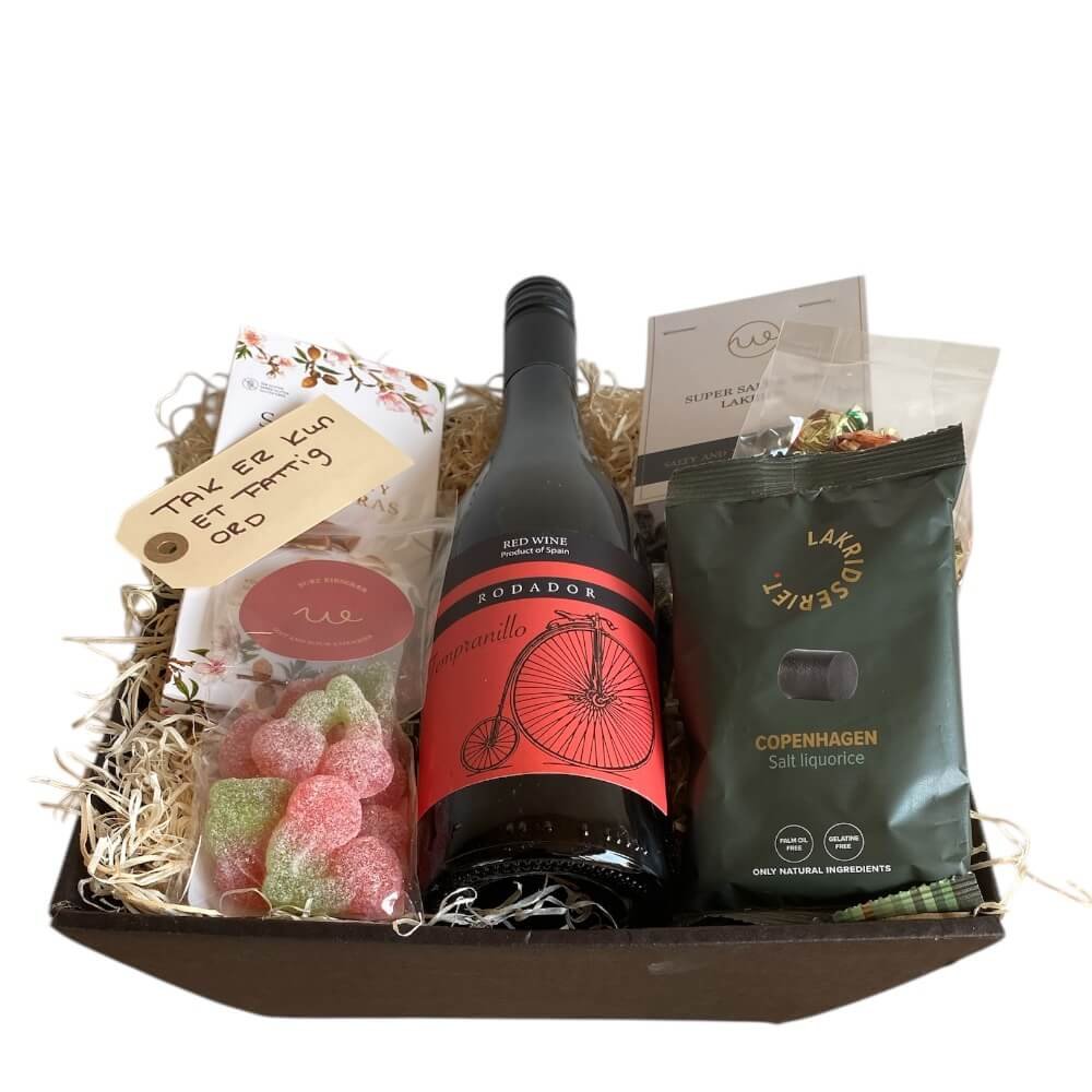Sig TAK - gavekurv med s�de l�kkerier og vin