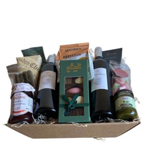 Stor vin gavekurv med Fransk vin, luksus-chokolade og delikatesser