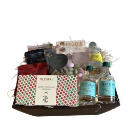 Tillykke gavekurv med Gin og chokolade