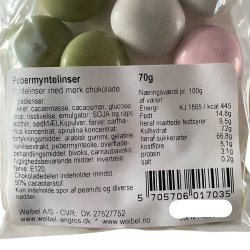 Chokolade - Weibel pebermyntelinser � Klassisk m�rk chokolade