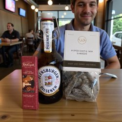 L�kker gavepakke med Flensburger pilsner, lys chokolade og lakrids
