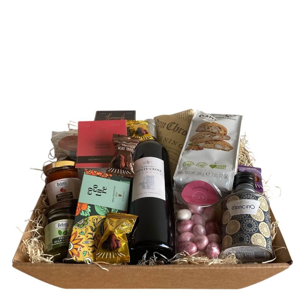 Gavekurv med eksklusive delikatesser-vin og lkkerier