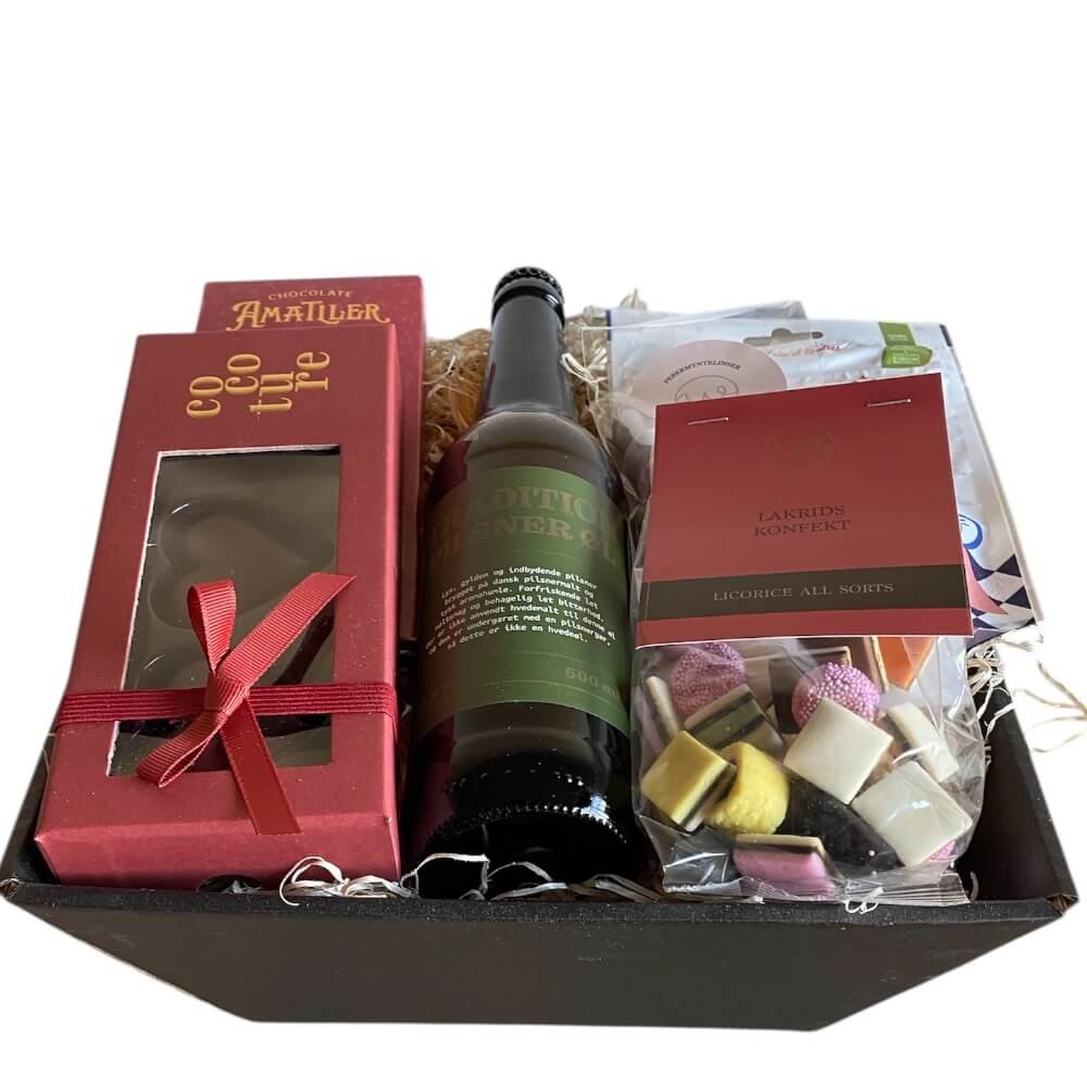 Gavekurv med l, Chokoladehjerter og Lakridskonfekt  Den Perfekte Forklelsesgave
