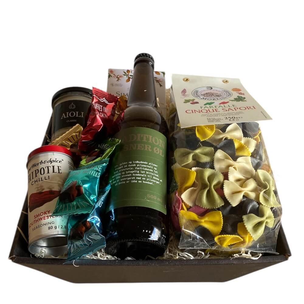 Gavekurv med l, Pasta og Chokolade  Den Perfekte Gourmetgave