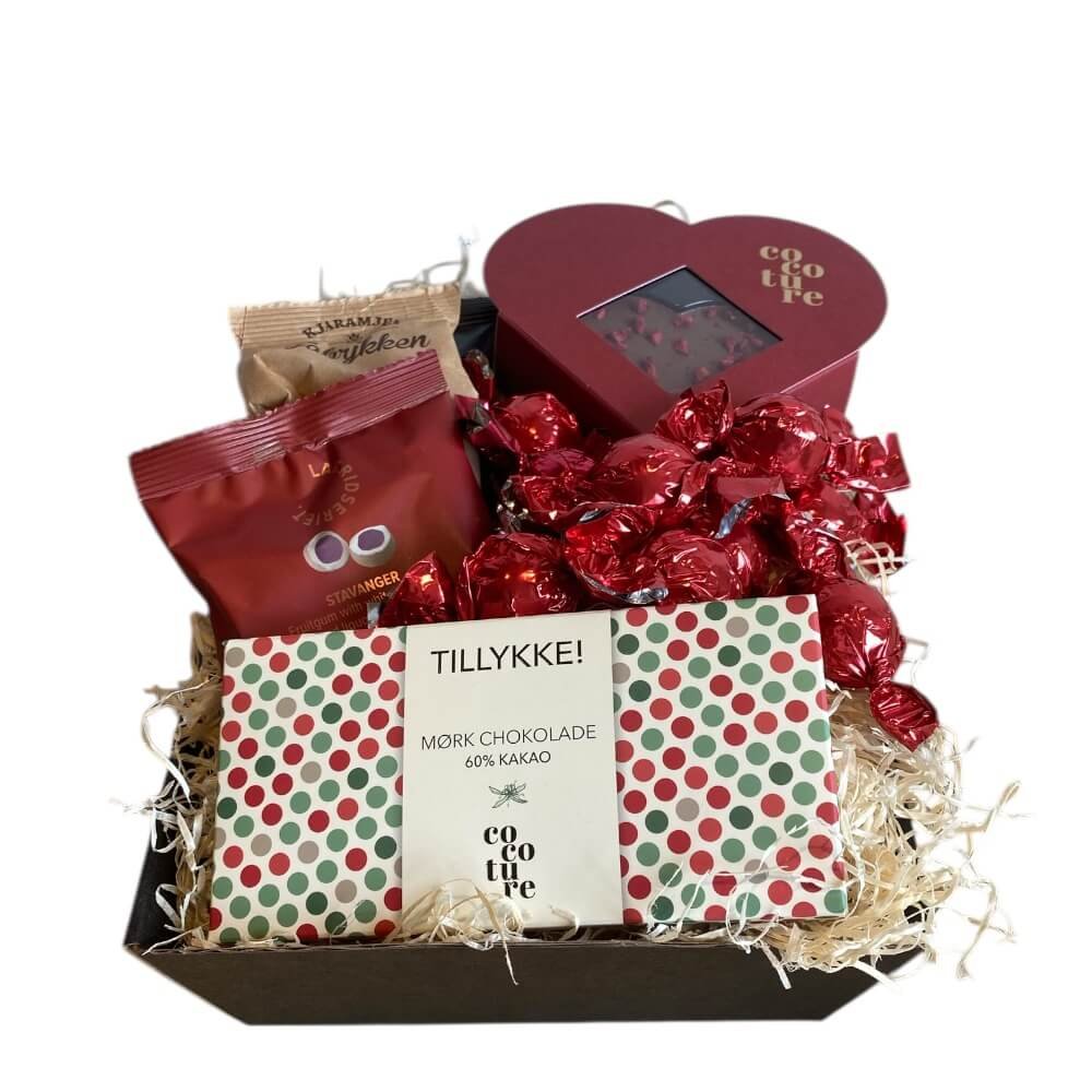 Lille r�d TILLYKKE gavekurv med Cocoture chokolade