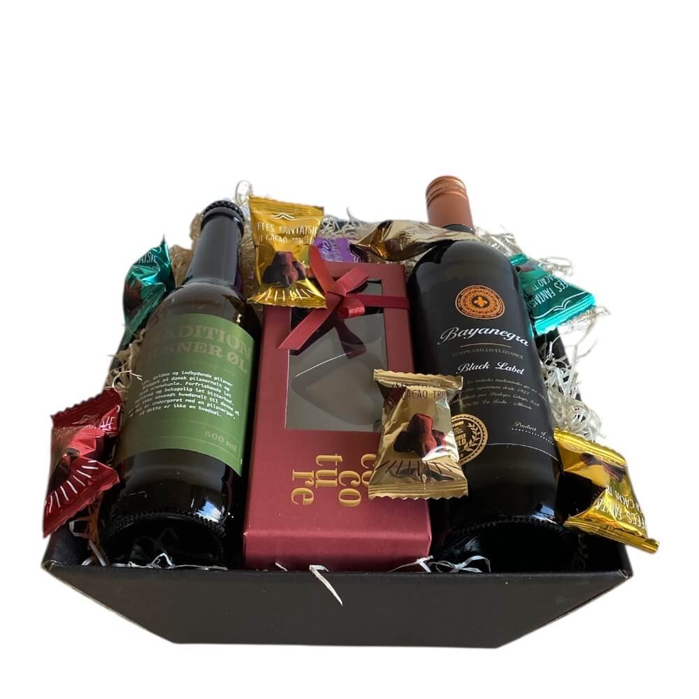 Gavekurv med dansk l, italiensk vin og luksus chokolade