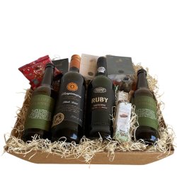 Luksus portvins gavekurv med l, vin og sde lkkerier