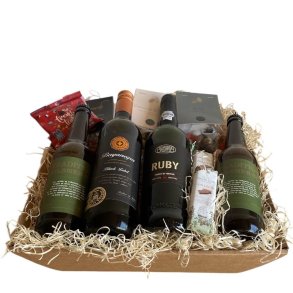 Luksus portvins gavekurv med l, vin og sde lkkerier