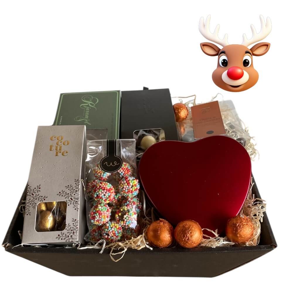 Gavekurv til jul med chokoladehjerte og guldmandler