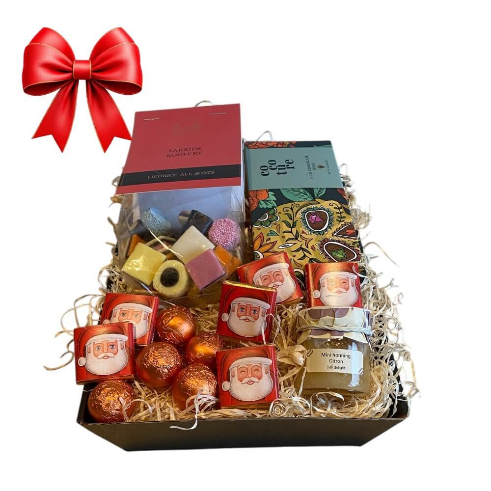 Lille julegavekurv med julechokolade, konfekt og honning  den sdeste julehilsen