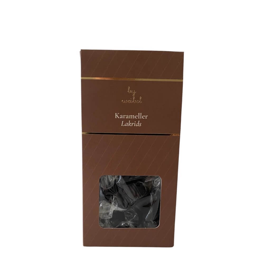 Karameller med lakrids: Stilren og brun Weibel luksus�ske p� 90g med bl�de og cremede lakridskarameller til gavekurven.
