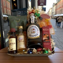 Lille �l kit gavekurv med sm� rom og whisky flasker