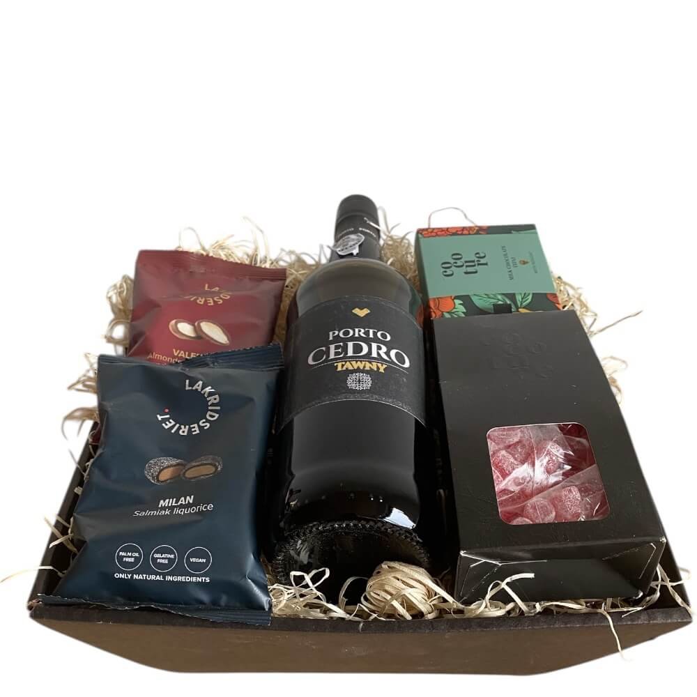 Eksklusiv Gavekurv med Cedro Portvin, Chokolade &amp; Lakrids