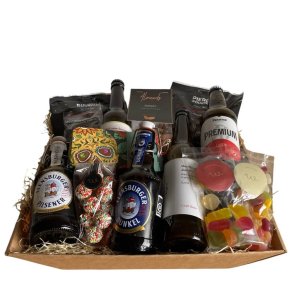 Stor �l gavekurv med 5 Special�l, Chokolade, Mandler & Slik