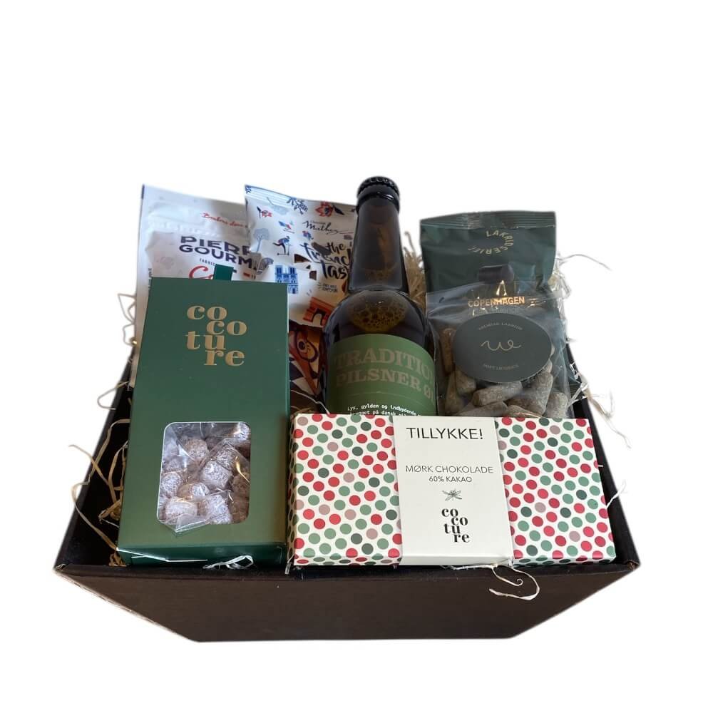 Tillykke gavekurv med �l og slik