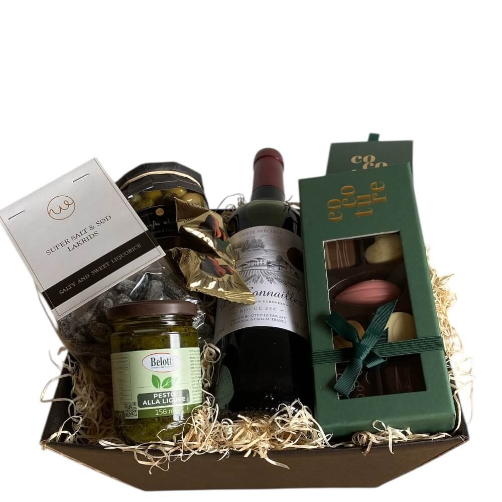 Eksklusiv gavekurv - vin tapas og luksuslakrids