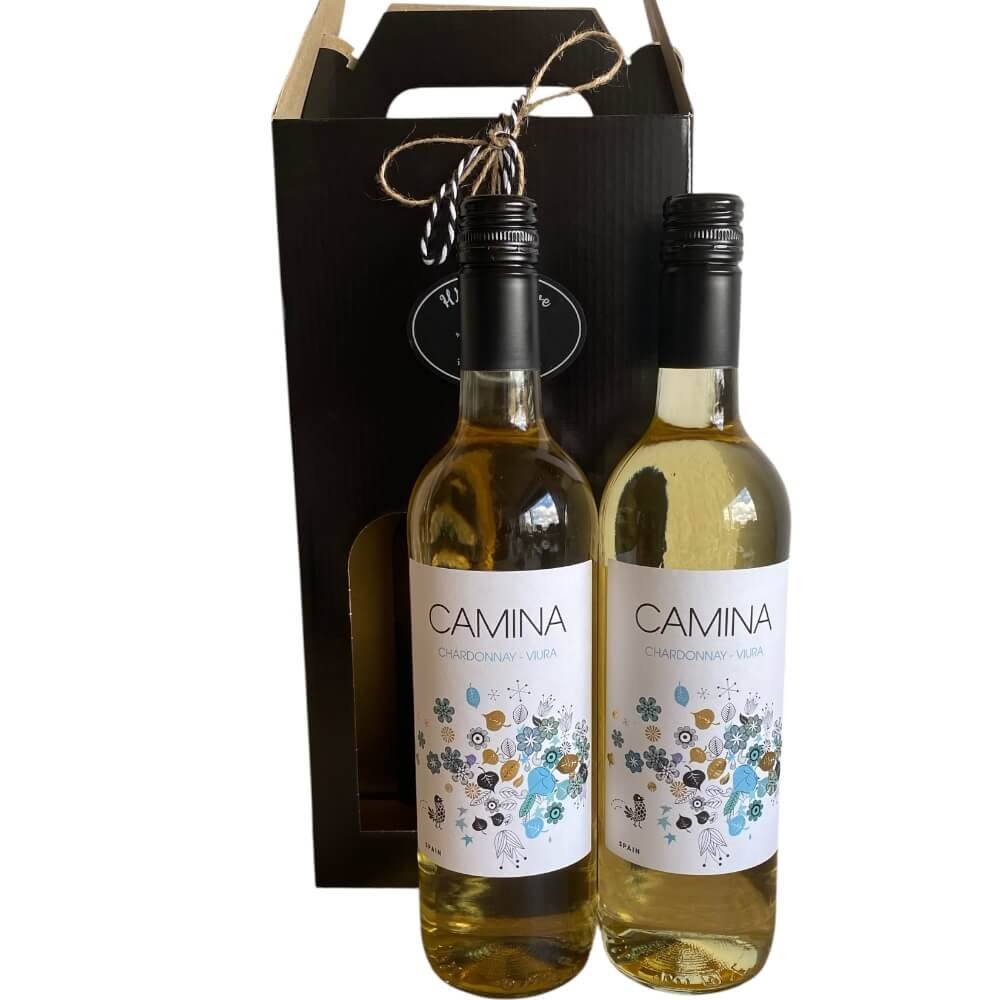 Vingave: Elegant sort vin�ske med 2 flasker Camina hvidvin
