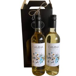 Vingave: Elegant sort vin�ske med 2 flasker Camina hvidvin