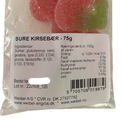  Vingummi: Weibel sure kirseb�r fladpose 75g
