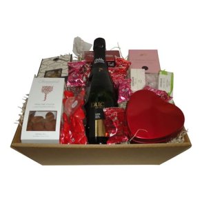 Gavekurv med bobler, hjerter og chokolade