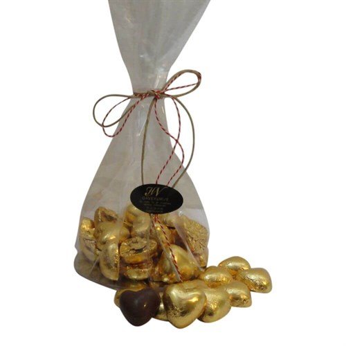 Chokolade gave - gavepakke med chokolade hjerter i guld - 250g.